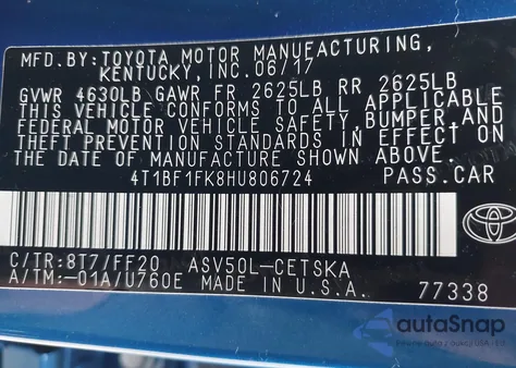 2017 Toyota Camry Se из США, поврежденный, VIN 4T1BF1FK8HU806724